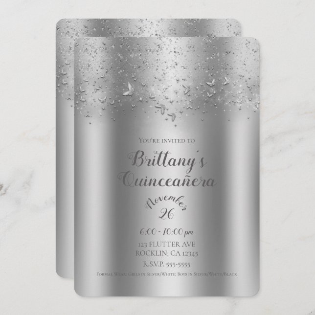 Invitation Fête de Quinceañera Papillon scintillant argenté (Devant / Derrière)