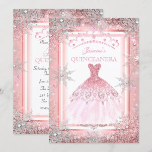Invitation Fête de Quinceanera Pink Silver Winter Wonderland 