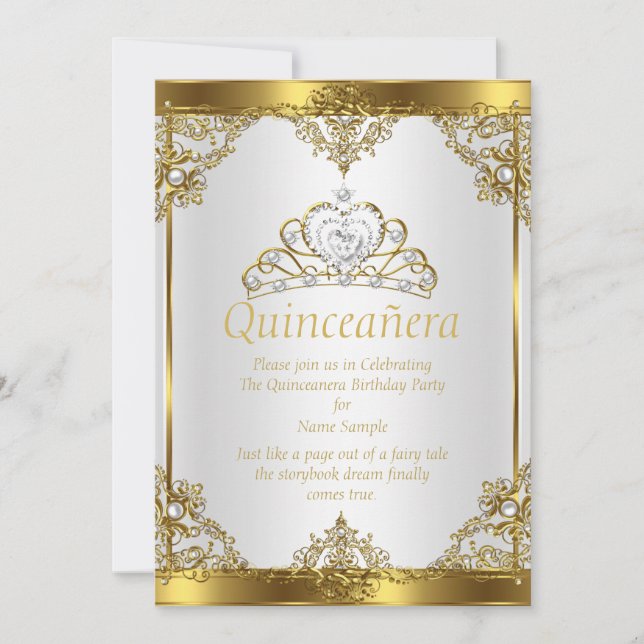 Invitation Fête de Quinceañera Princesse Perle Blanche Or (Devant)