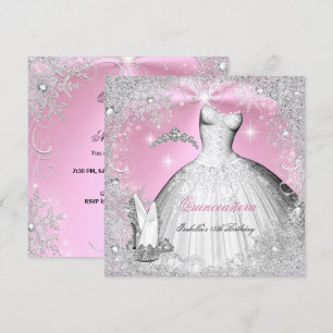 Invitation Fête de Quinceañera Rose Argent Flocons de Neige H
