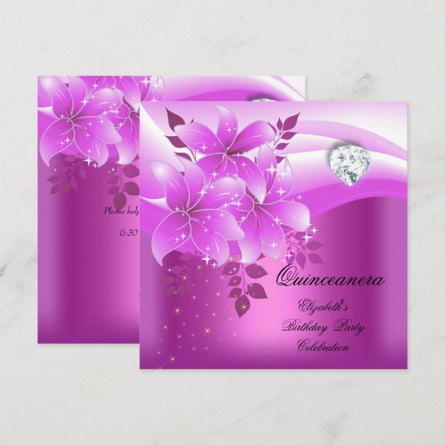 Invitation Fête de Quinceanera Rose Fleurs Diamant (Devant / Derrière)