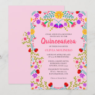 Invitation Fête de Quinceañera Rose Fleurs Mexicaines 15e Ann