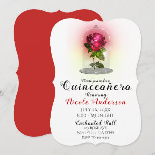 Invitation Fête de Quinceañera Rose Rouge Enchantée Étincelan
