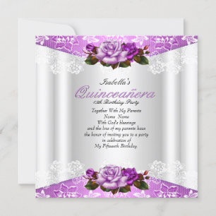 Invitation Fête de Quinceañera Roses Blanches Violettes Roses