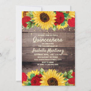 Invitation Fête de Quinceañera Tournesols Bois Rustique Roses
