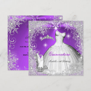 Invitation Fête de Quinceañera Violet Argent Flocons de Neige