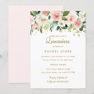 Invitation Fête de Quinceansera en or et rose floral
