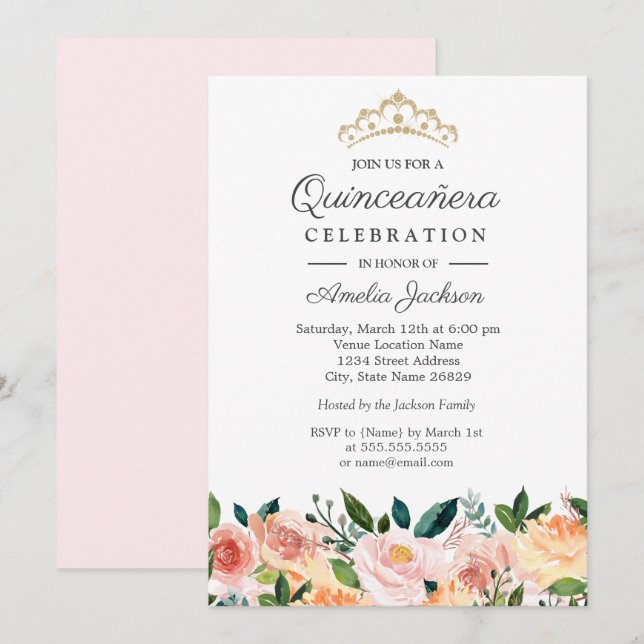 Invitation Fête de Quinceansera Florale Aquarelle Teintée de  (Devant / Derrière)