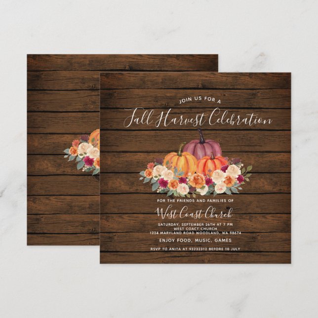 Invitation Fête de récolte d'automne de citrouille en bois Co (Devant / Derrière)