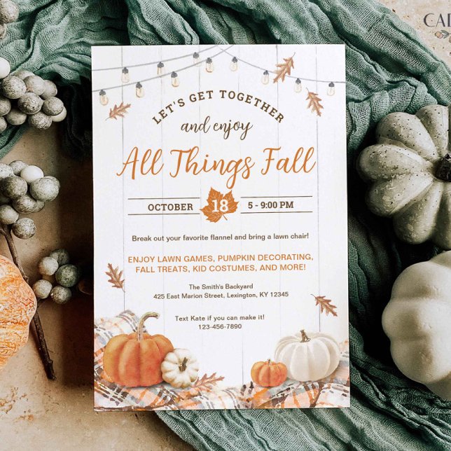 Invitation Fête de récolte d'automne Toutes les choses Invita (Fall Party invitation to celebrate All Things Fall with pumpkins, leaves, and cozy flannel)