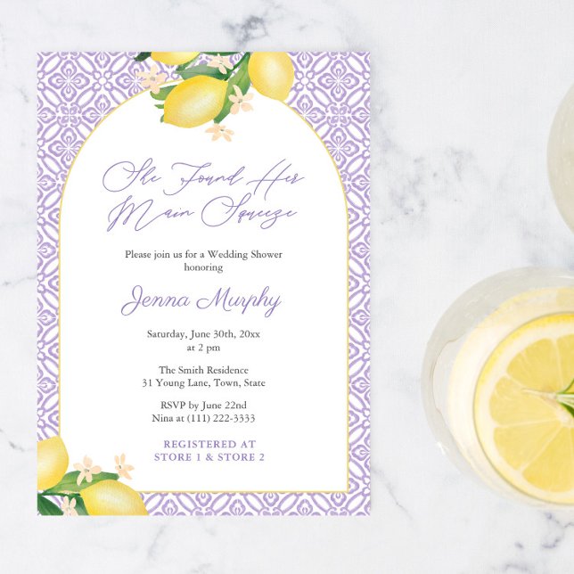 Invitation Fête de Remise de Cadeaux de Mariée Arch Citrons L (Lemons Lavender Modern arch she found her main squeeze bridal shower invitation with QR code)