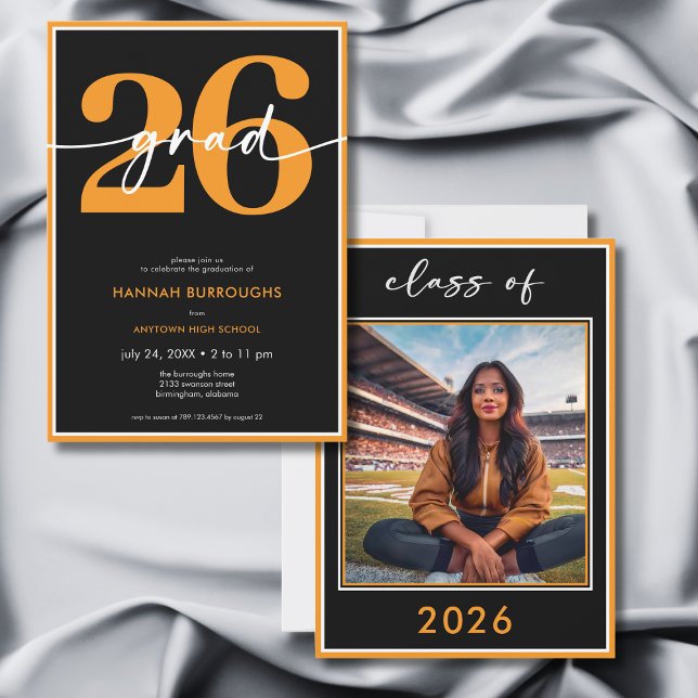 Invitation Fête de remise de diplôme avec écriture orange min (Modern Minimal Orange Script Graduation Party Invitation)