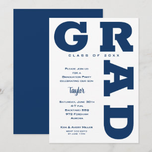 Invitation Fête de remise de diplôme bleu marine sur fond bla