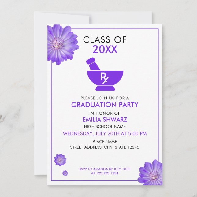 Invitation Fête de remise de diplôme de pharmacien aux fleurs (Devant)