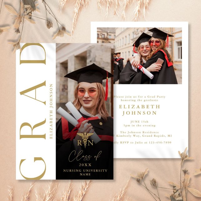 Invitation Fête de remise de diplôme d'infirmière RN moderne  (Gold Modern Photo RN Nurse Graduation Party Invitation)