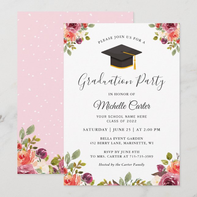 Invitation Fête de remise de diplôme fille fleurs botaniques  (Devant / Derrière)