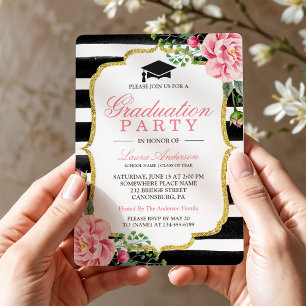 Invitation Fête de remise de diplôme Fleurs aquarelle Or Pail
