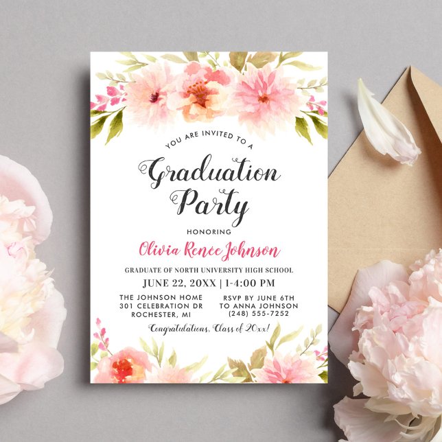 Invitation Fête de remise de diplôme florale aquarelle rose (Créateur téléchargé)