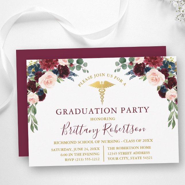 Invitation Fête de remise de diplôme médical de verdure flora (Customize to change text size, color, style or to change color of back of card.)