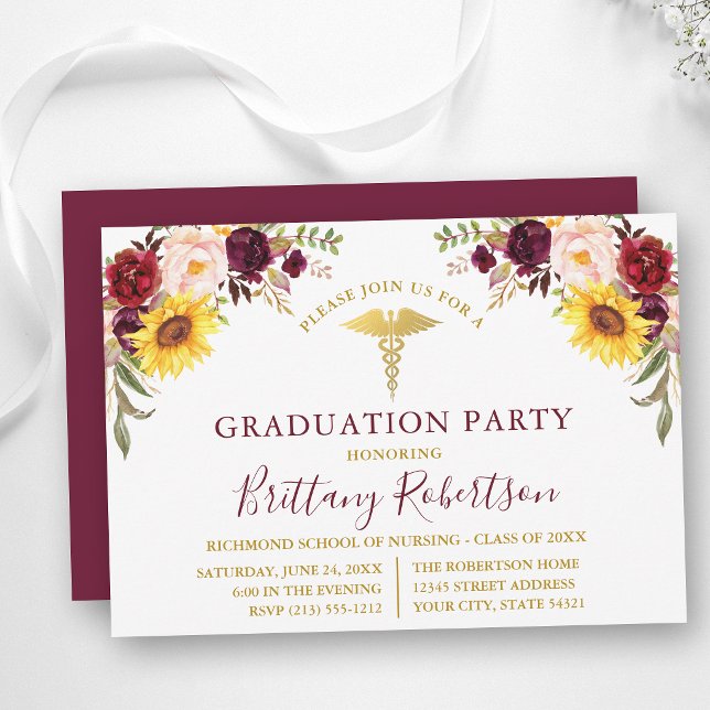 Invitation Fête de remise de diplôme médical Floral Mixte Aqu (Customize to change text size, color, style or to change color of back of card.)
