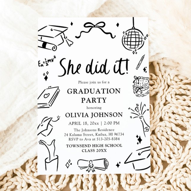 Invitation Fête de remise de diplôme moderne réalisée à la ma (Modern Hand Drawn She did it Graduation Party Invitation)