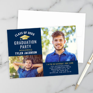 Invitation Fête de remise de diplôme photo casquette or Navy