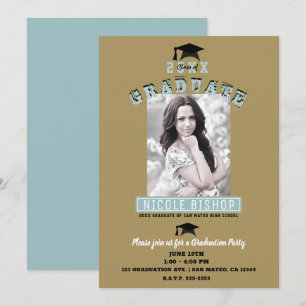 Invitation Fête de remise de diplôme photo or bleu minimalist