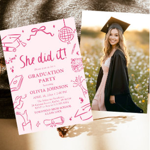 Invitation Fête de remise de diplôme rose, réalisée par elle,