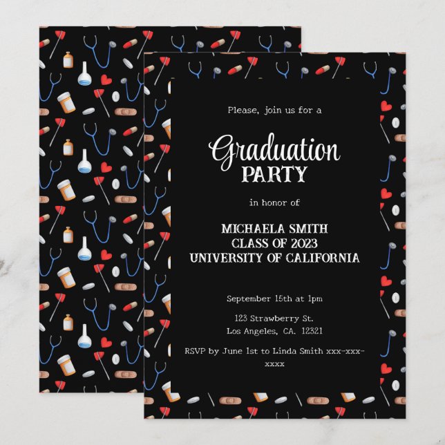 Invitation Fête de remise de diplôme sur le thème de docteur  (Devant / Derrière)