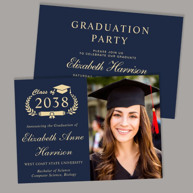 Invitation Fête de remise de diplôme universitaire élégante b (Elegant Photo Blue Gold College Graduation Party Invitation)