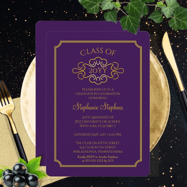 Invitation Fête de remise de diplôme universitaire élégante v (Elegant Purple | Gold Tone College University Graduation Announcement Party Invitation Print Digital)
