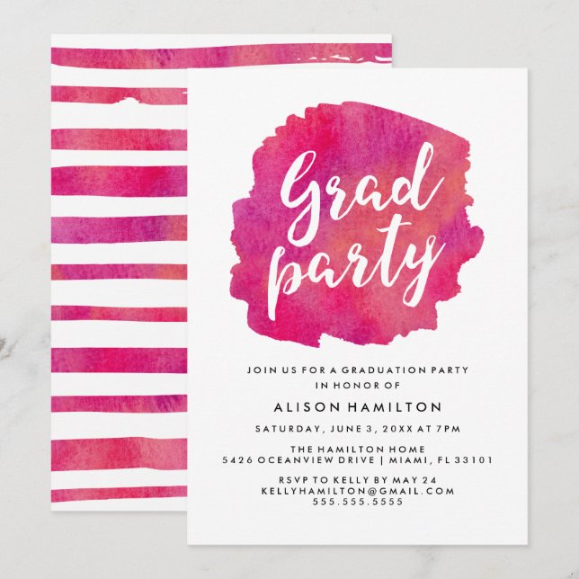Invitation Fête de remise de diplômes à l'aquarelle rose (Devant / Derrière)