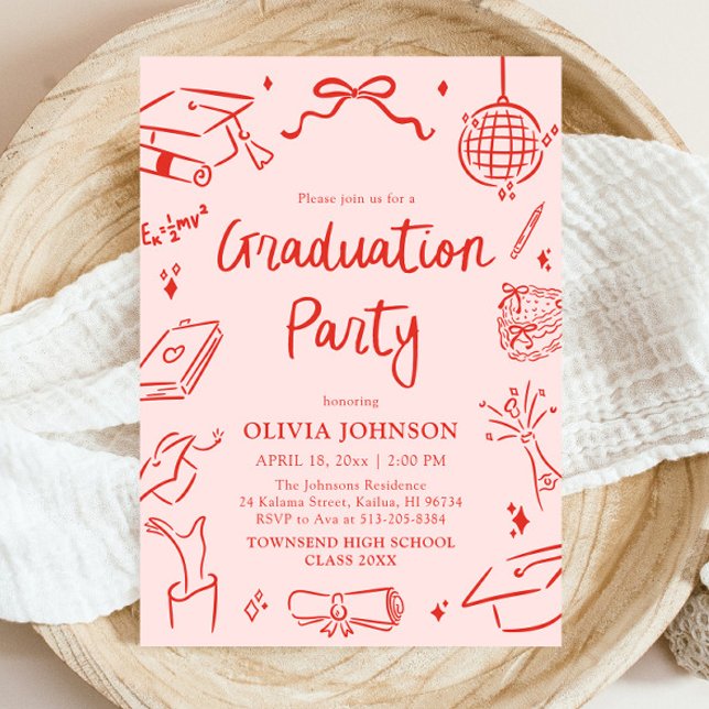 Invitation Fête de remise de diplômes à l'arc dessinée à la m (Modern Whimsical Hand Drawn Bow Graduation Party Invitation)