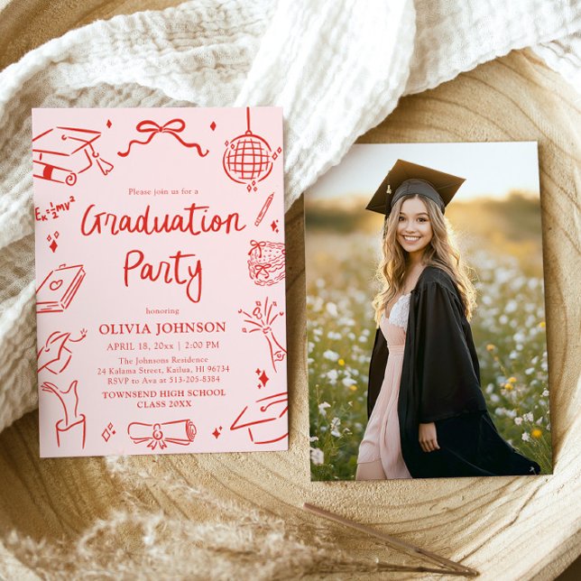 Invitation Fête de remise de diplômes à l'arc dessinée à la m (Modern Whimsical Hand Drawn Bow Graduation Party Invitation)