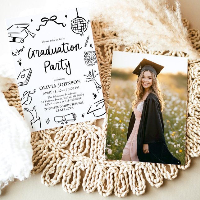 Invitation Fête de remise de diplômes à l'arc dessinée à la m (Modern Whimsical Hand Drawn Bow Graduation Party Invitation)