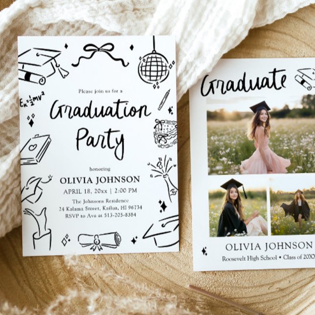Invitation Fête de remise de diplômes à l'arc dessinée à la m (Modern Whimsical Hand Drawn Bow Graduation Party Invitation)