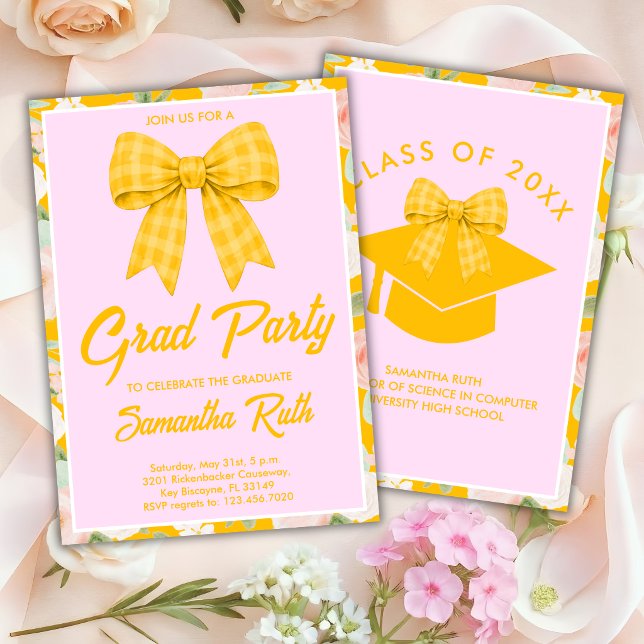Invitation Fête de remise de diplômes à ruban gingham jaune d (Créateur téléchargé)