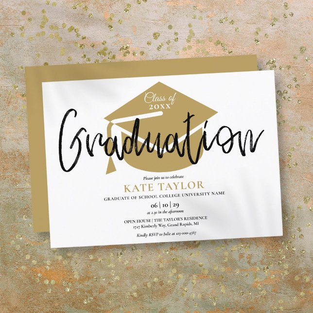 Invitation Fête de remise de diplômes avec casquette dorée si (Modern Simple Gold Cap Graduation Party Invitation)