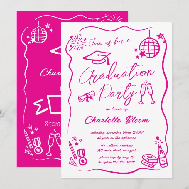 Invitation Fête de remise de diplômes avec dessins fantaisist (Devant / Derrière)