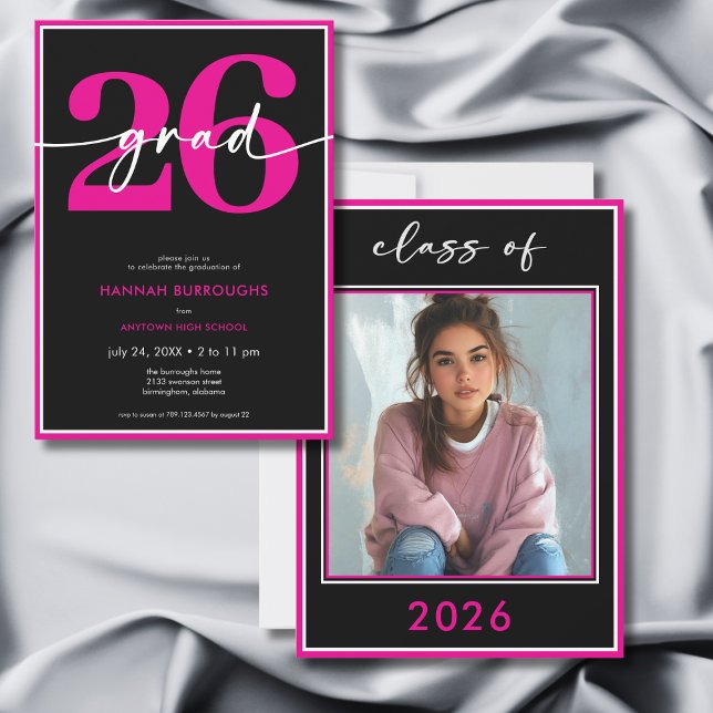 Invitation Fête de remise de diplômes avec écriture rose mini (Modern Minimal Pink Script Graduation Party Invitation)