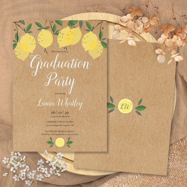 Invitation Fête de remise de diplômes avec écriture rustique  (Rustic Lemons Greenery Script Graduation Party Invitation)