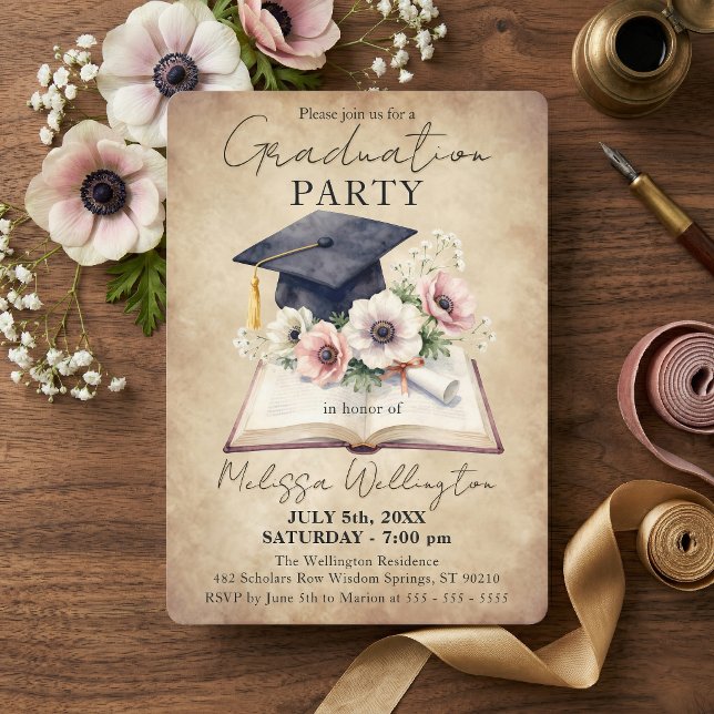 Invitation Fête de remise de diplômes avec livre ouvert et ca (Créateur téléchargé)