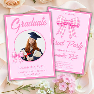 Invitation Fête de remise de diplômes avec nœud en vichy rose