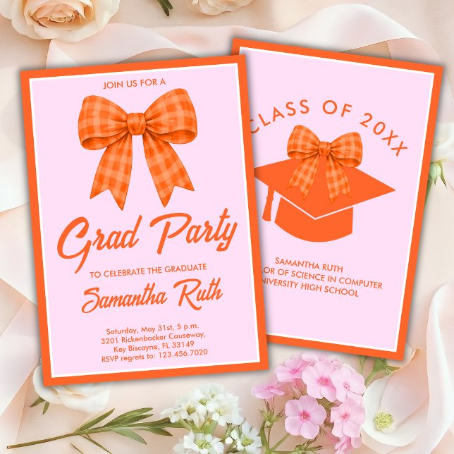 Invitation Fête de remise de diplômes avec nœud gingham orang (Créateur téléchargé)