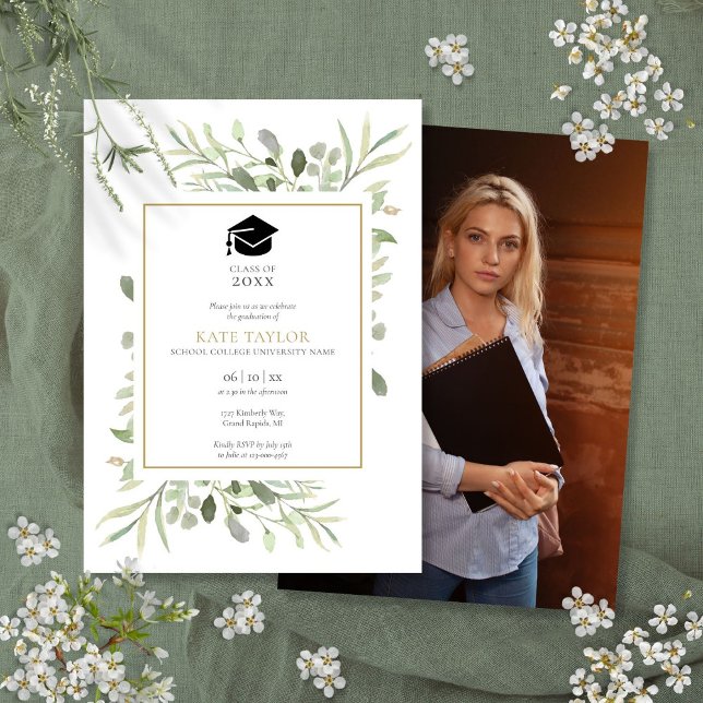 Invitation Fête de remise de diplômes avec photo de verdure é (Simple Elegant Greenery Photo Graduation Party Invitation)