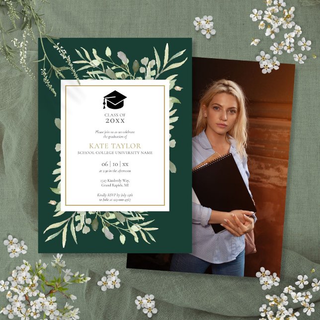 Invitation Fête de remise de diplômes avec verdure émeraude é (Elegant Emerald Greenery Photo Graduation Party Invitation)