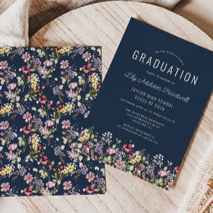 Invitation Fête de remise de diplômes bleu marine motif fleur