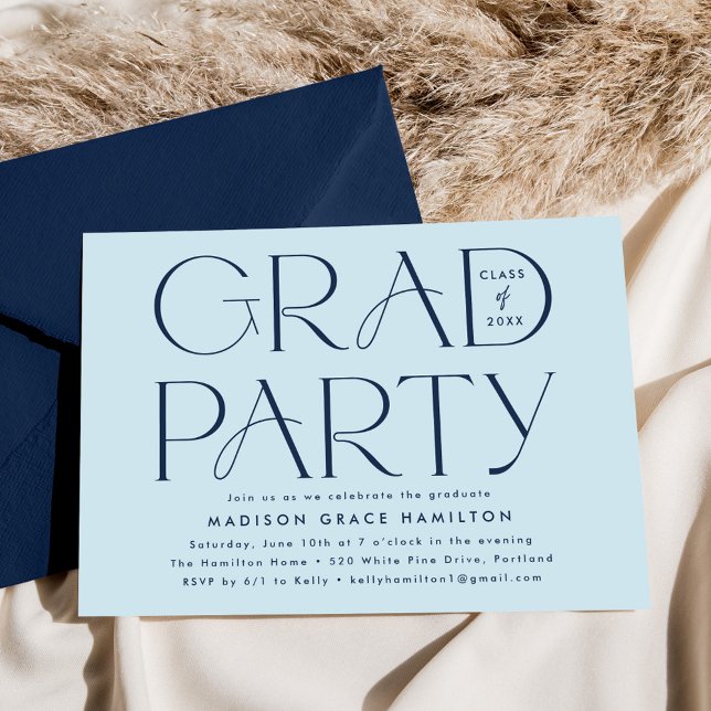 Invitation Fête de remise de diplômes bleu marine Typographie (Créateur téléchargé)