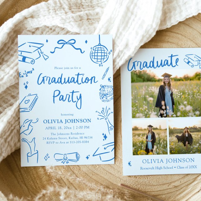 Invitation Fête de remise de diplômes bleue moderne et fantai (Modern Whimsical Hand Drawn Blue Graduation Party Invitation)