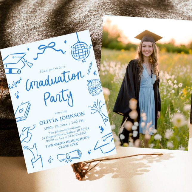 Invitation Fête de remise de diplômes bleue moderne et fantai (Modern Whimsical Hand Drawn Blue Graduation Party Invitation)